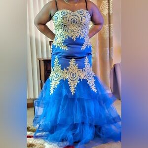 Strapless Royal Blue &Gold Formal Dress